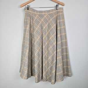 Vintage 70s Wool Plaid Midi Skirt Union Made in USA Beige Blue A-Line Small